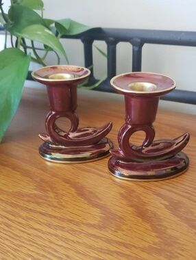 Vtg (2) Carlton Ware Rouge Royal Hand-painted Porcelain Candle Holders